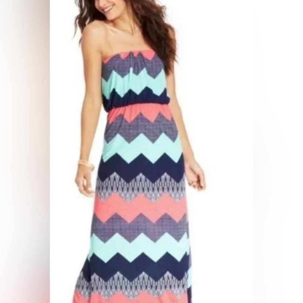 Trixxi Women's Strapless Chevron Maxi Dress in Coral, Navy & Mint S